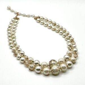 Vintage mid century faux pearl double strand beaded necklace